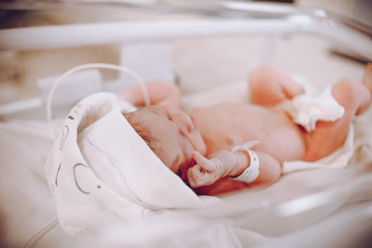 a premature baby in a baby bassinet